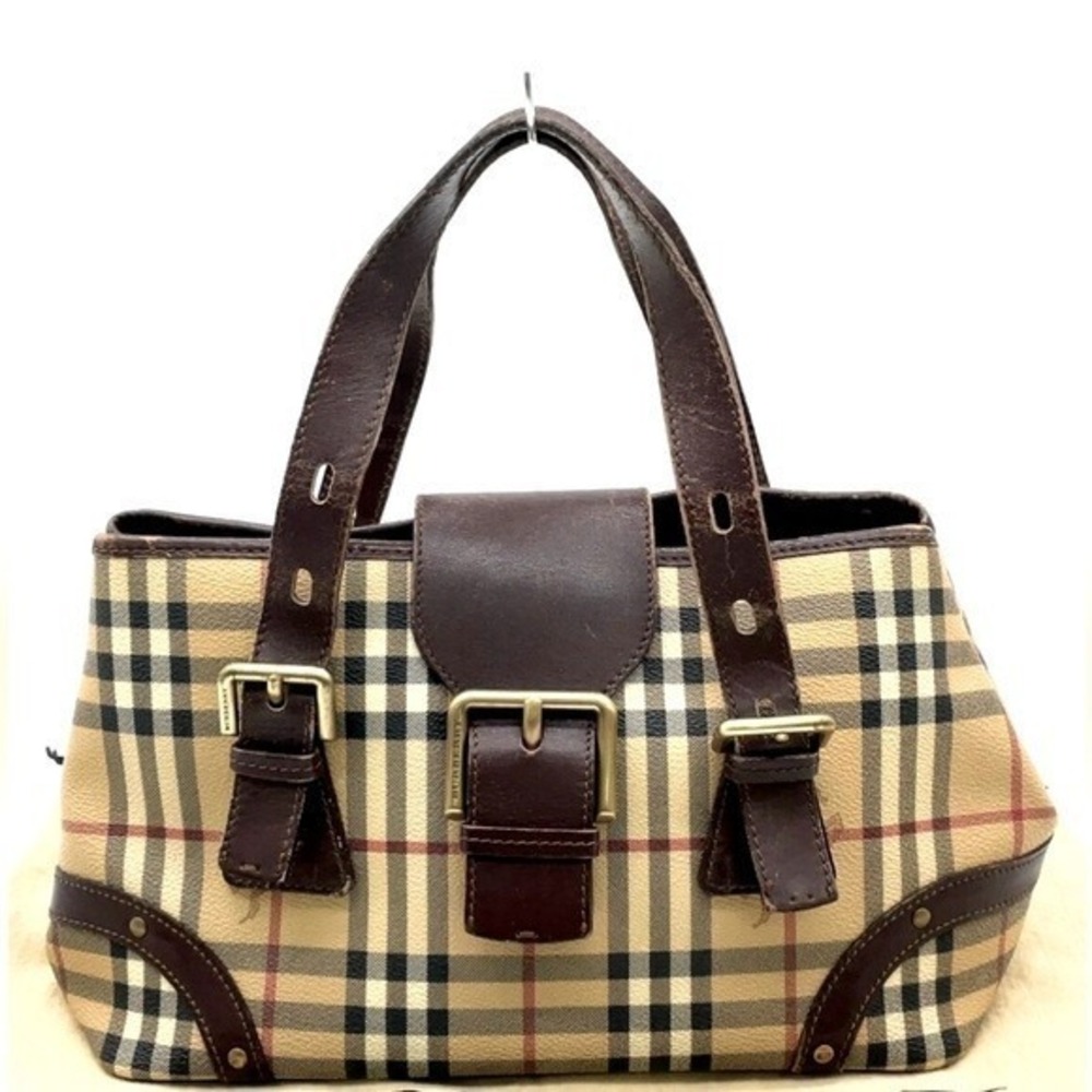 Burberry Brown Leather Harmarket Nova Check Coated Canvas Small Buckle Tote Bag - Picture 2 of 8